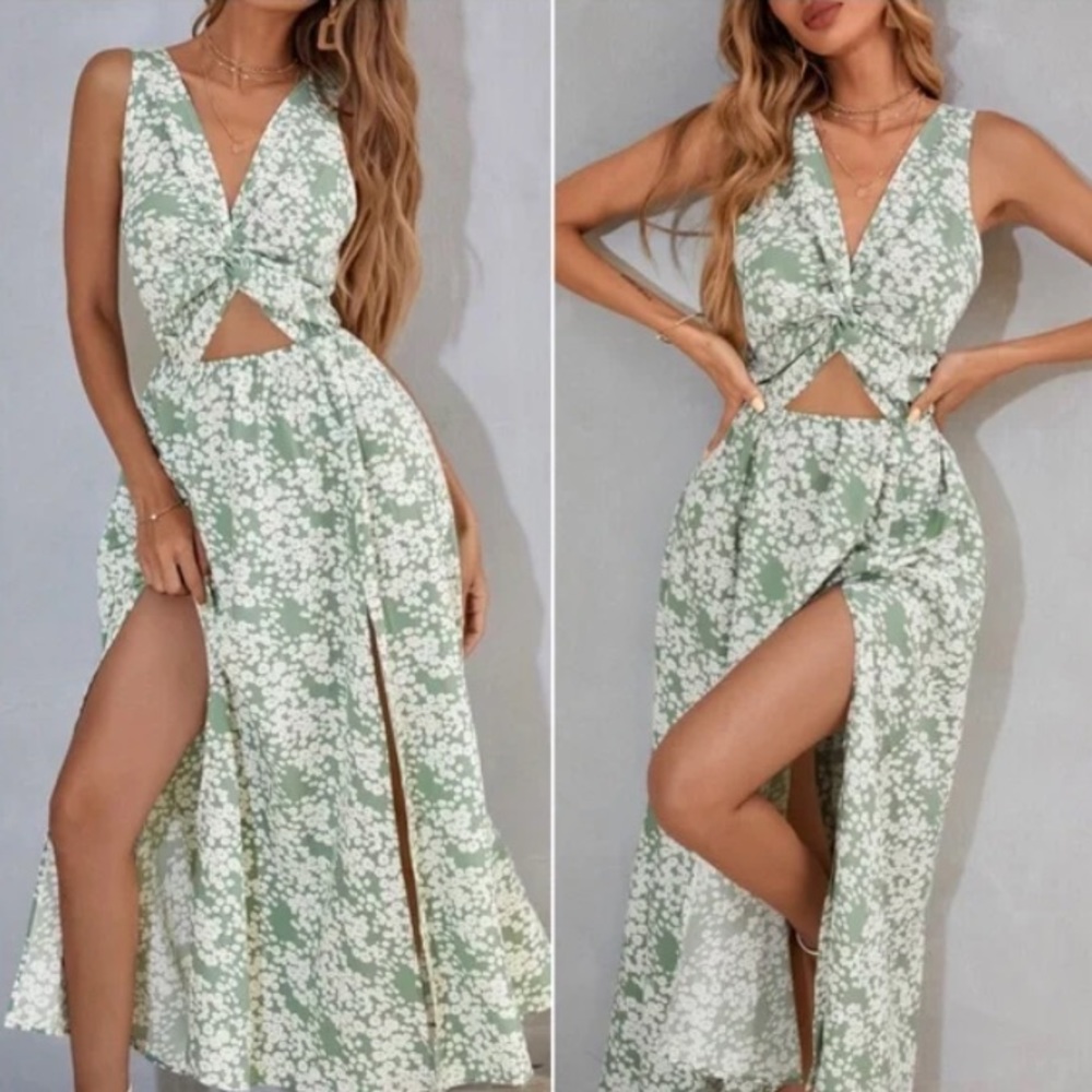 Boho Mint Green Floral Print Cut out Sleeveless Maxi Dress - Picture 4 of 4